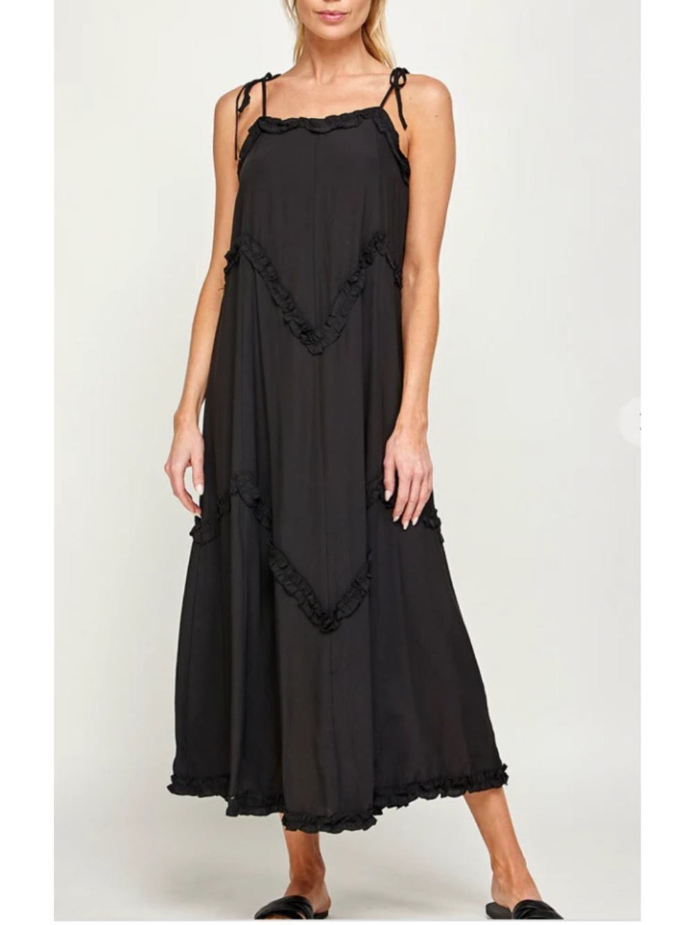 Black Ruffle-Tier Maxi Dress with Tie Straps